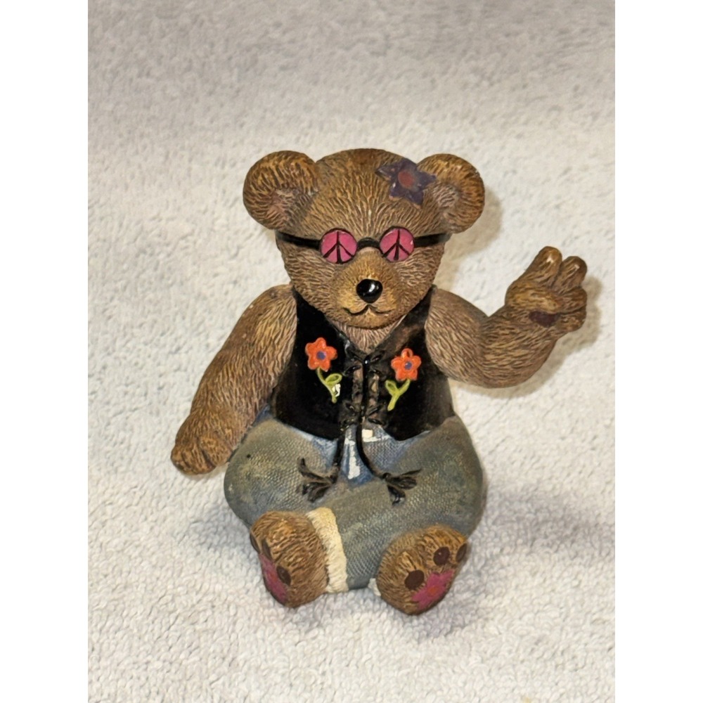 Vintage 1997 Claire's Hippie Peace Bear Resin Ornament Figurine Flower Power 3"